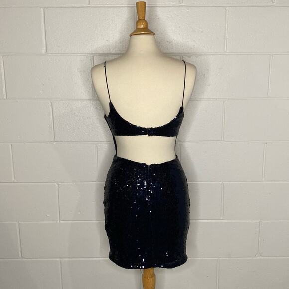 Navy Sequins Deep V Neck Open Back Formal Mini Dress P - Picture 2 of 13